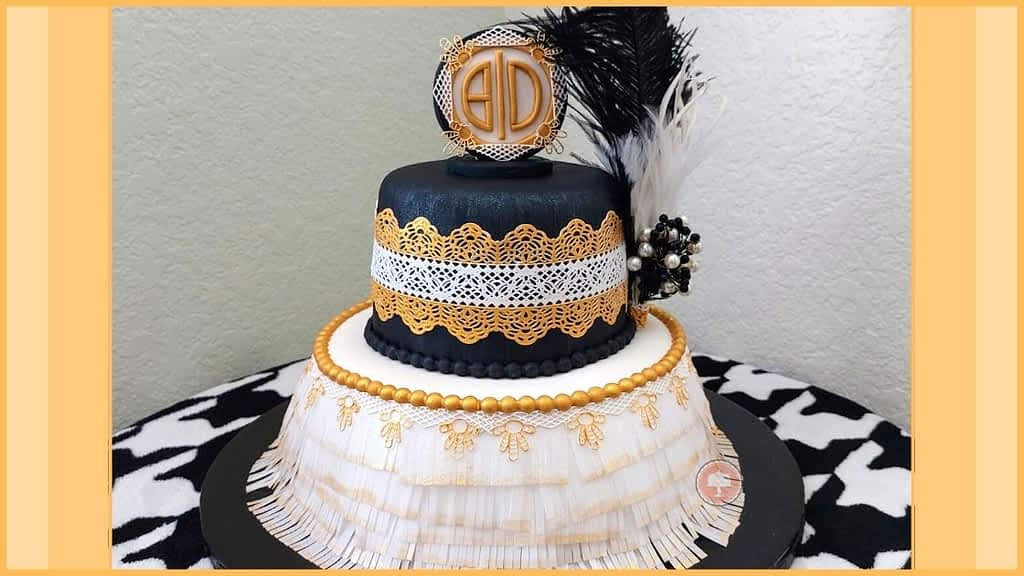 great gatsby cake roaring 20's cake fully fondant covered cake with wafer paper luster dust and edible lace