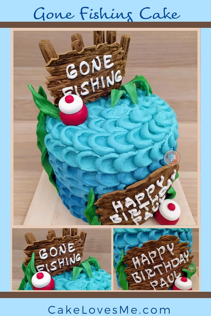gone fishing cake with fondant cake topper signage buttercream petal technique bobbers reeds and lake plants