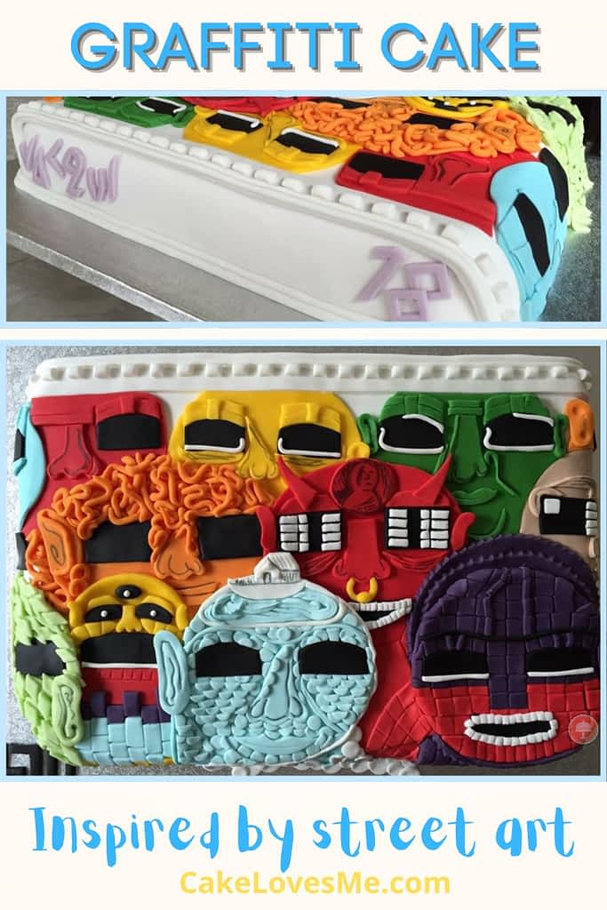 colorful graffiti cake fondant cake inspired by street art Italian street artist blu wall mural in Rome of eclectic faces 