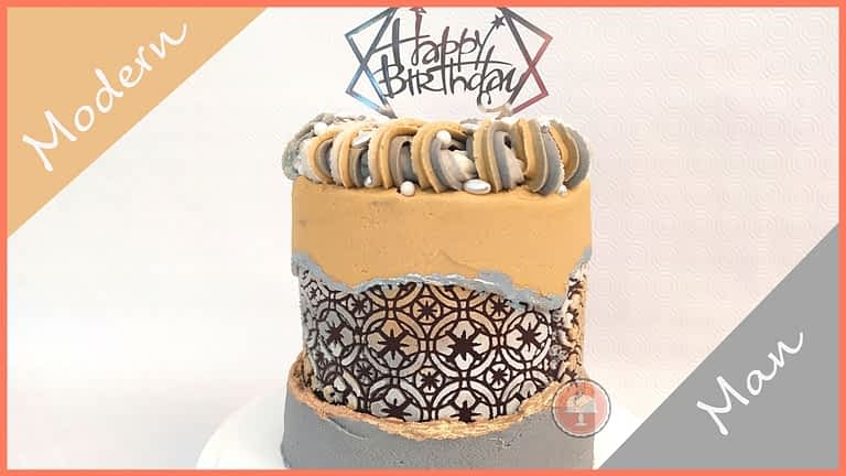 this birthday cake for men has a fault line design with a rich pattern revealed behind the fault line, the colors are masculine and reads Happy Birthday on tope