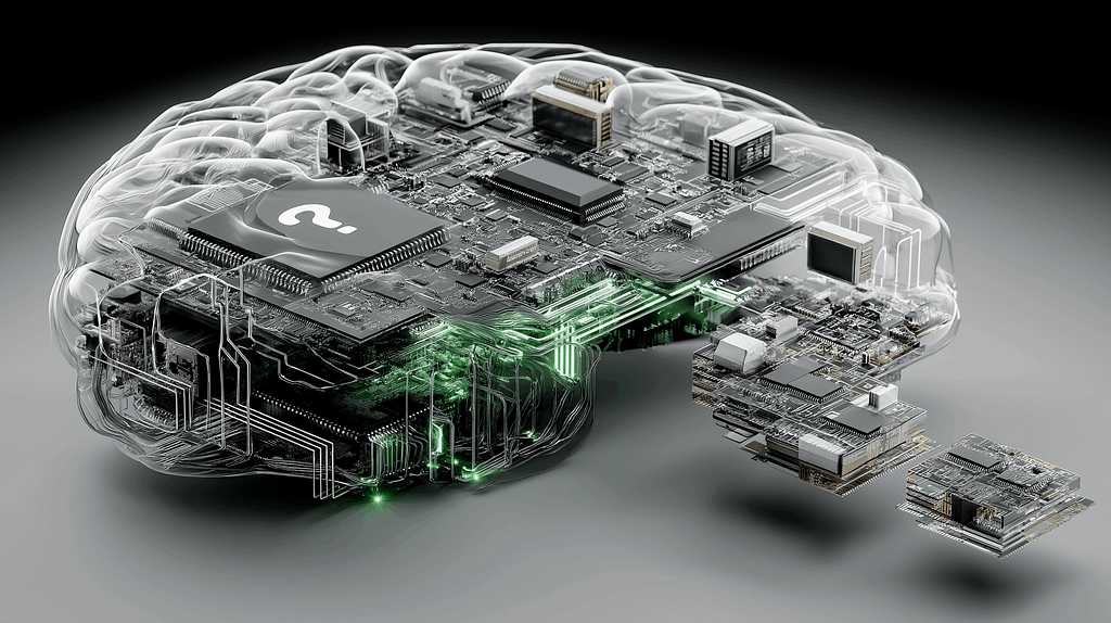 A minimalist black-and-white illustration of a human brain intertwined with circuit boards, forming a question mark, symbolizing the AI consciousness debate