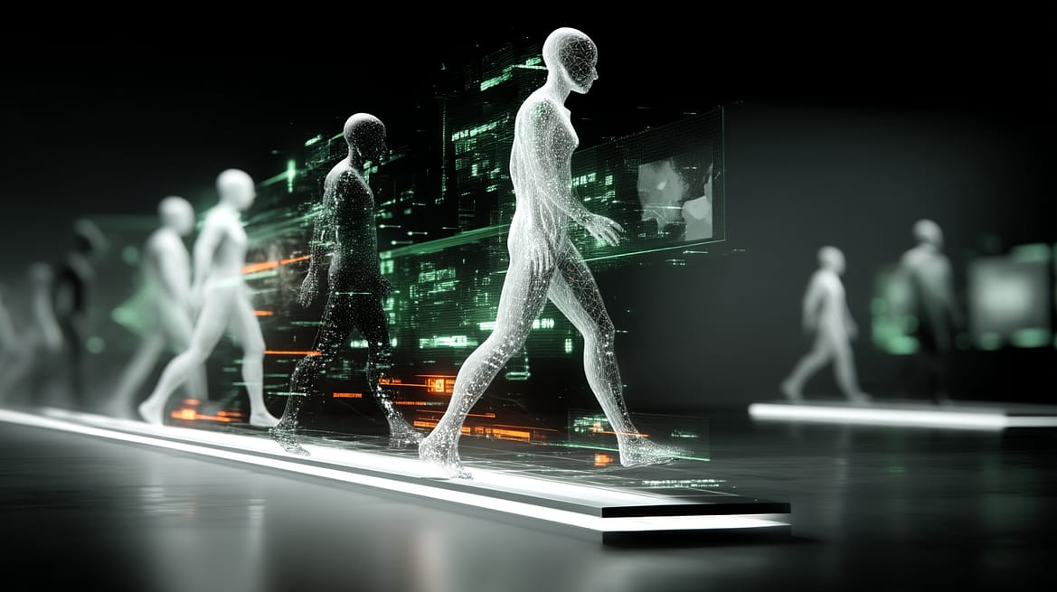 Digital figures walking through data streams depicting the creation of AI Agentics