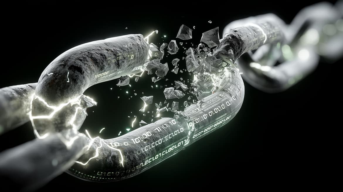 Digital chain breaking with glowing effects.