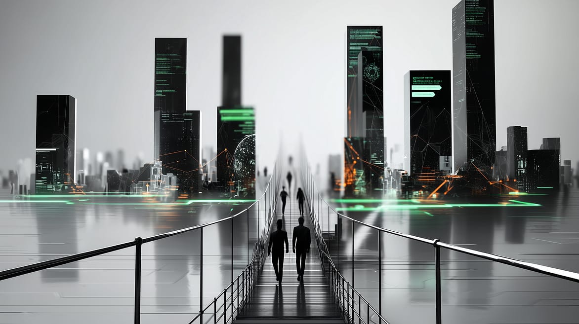 Futuristic cityscape with AI elements.