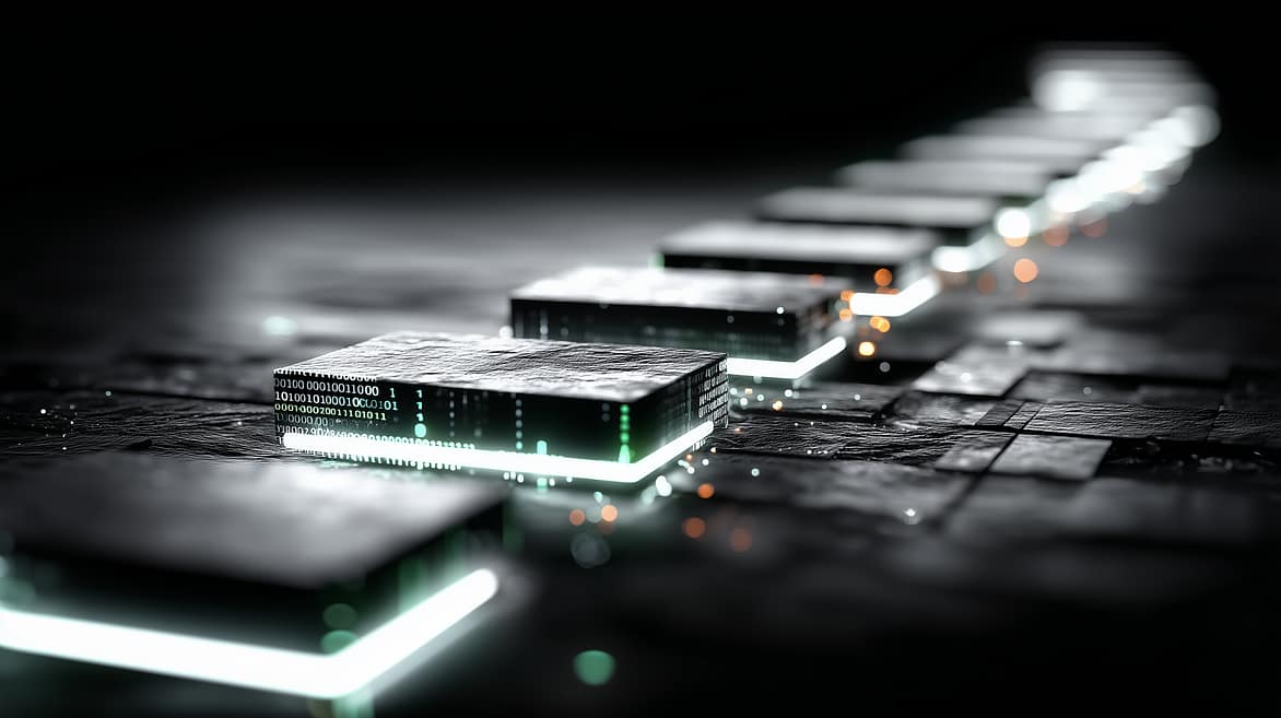 Futuristic circuit board with glowing chips representing a roadmap of steps to get to ai