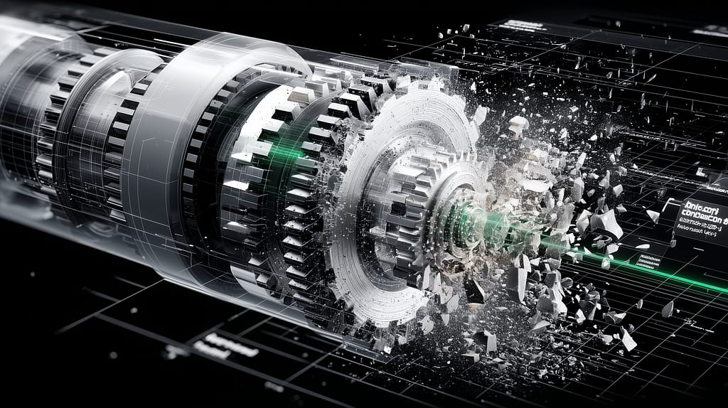 infinite gears sharttering to a halt a gear that is is spinning so fast it is shattering into a thousand pieces