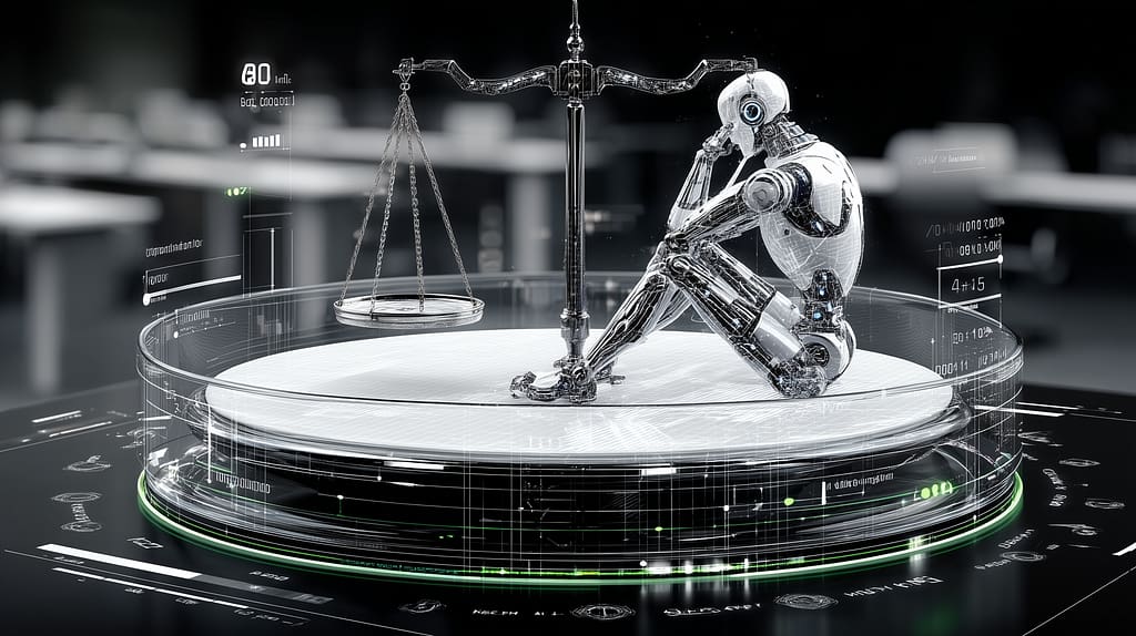tipping the scales of justice to AI an ai robot sitting in socrates style on a justice scale in a sci-fi vibe scene