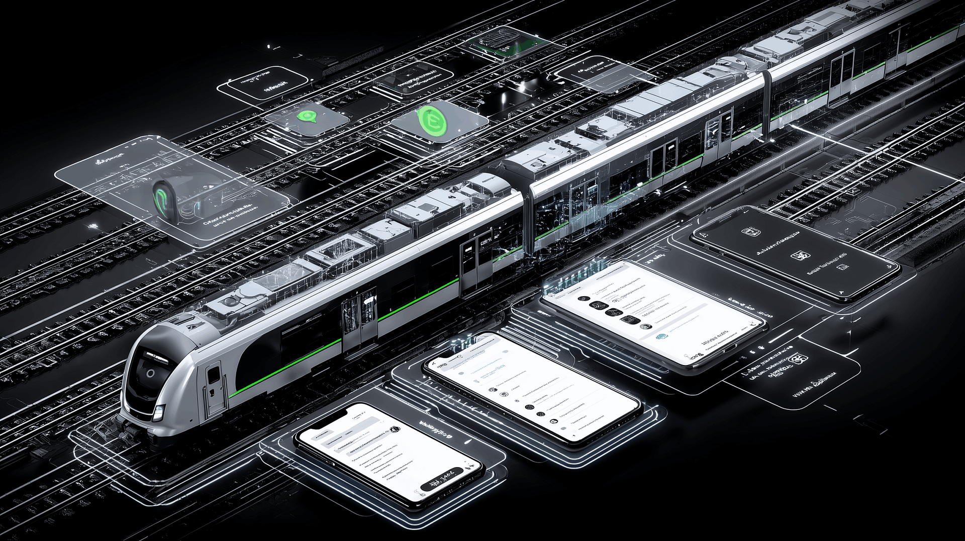 a modern train going down the track with AI chatbots running on smart phones running alongside the train in a futuristic landscape