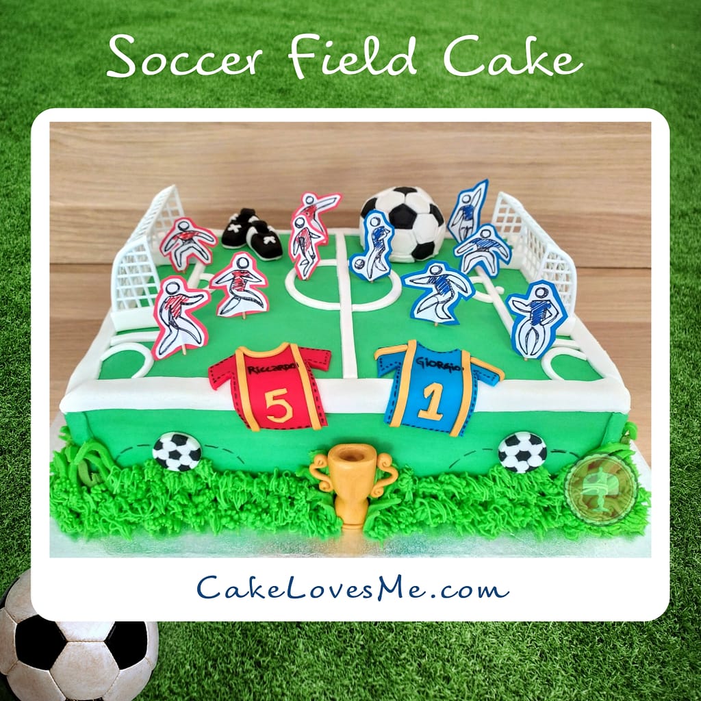 Fun Soccer Field Cake - Kid's Birthday Cake Idea 8 Soccer Field Cake in green with green grass, soccer ball, golden sport trophy and football players