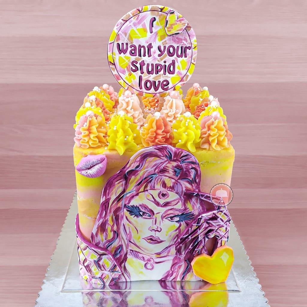 Lady Gaga Cake Design Inspired by "Stupid Love" lyrics 5 lady gaga face and fondant lips buttercream frosting and sign i want your stupid love