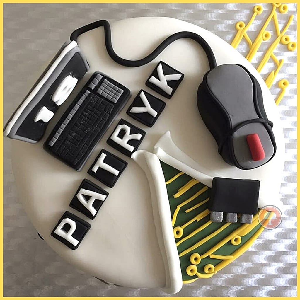 Easy 18th Birthday Computer Cake Design: Tech-Themed 9 computer cake design with circuit board from science class and a mouse
