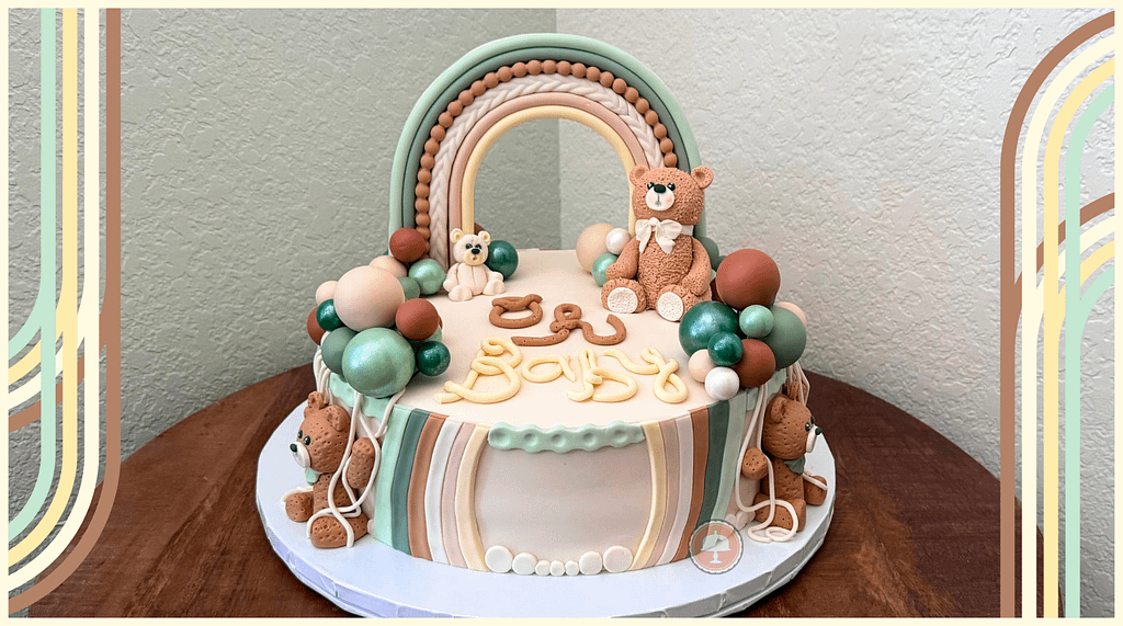 teddy bear baby shower cake with fondant bear cake toppers rainbows and balloons