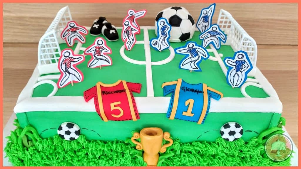 Soccer Field Cake in green with green grass, soccer ball, golden sport trophy and football players