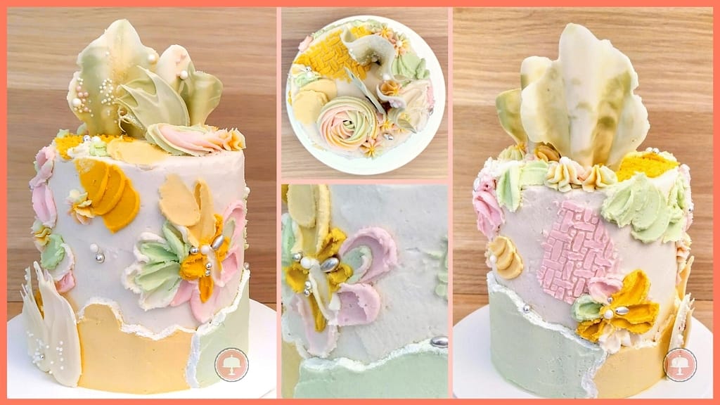 anniversary cake, palette knife technique, pastel, chocolate sail, chocolate brush strokes, stencil, fault line cake