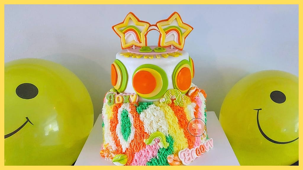 groovy 70's themed cake designs covered in fondant and shag piping technique