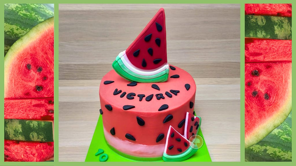 watermelon cake design showing a red watermelon fondant cake topper