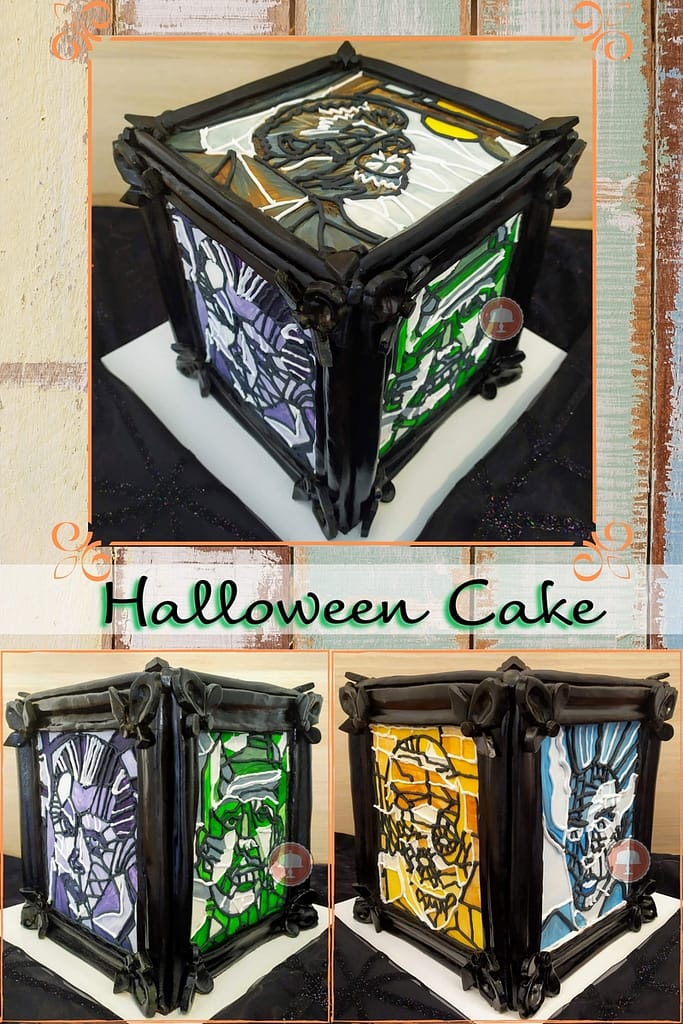 Frankenstein Cake - An Amazing Halloween Cake for Spooktacular 13 Halloween cake sitting on a party table showing the universal monsters.  Cake is made using a stained glass piping technique.
