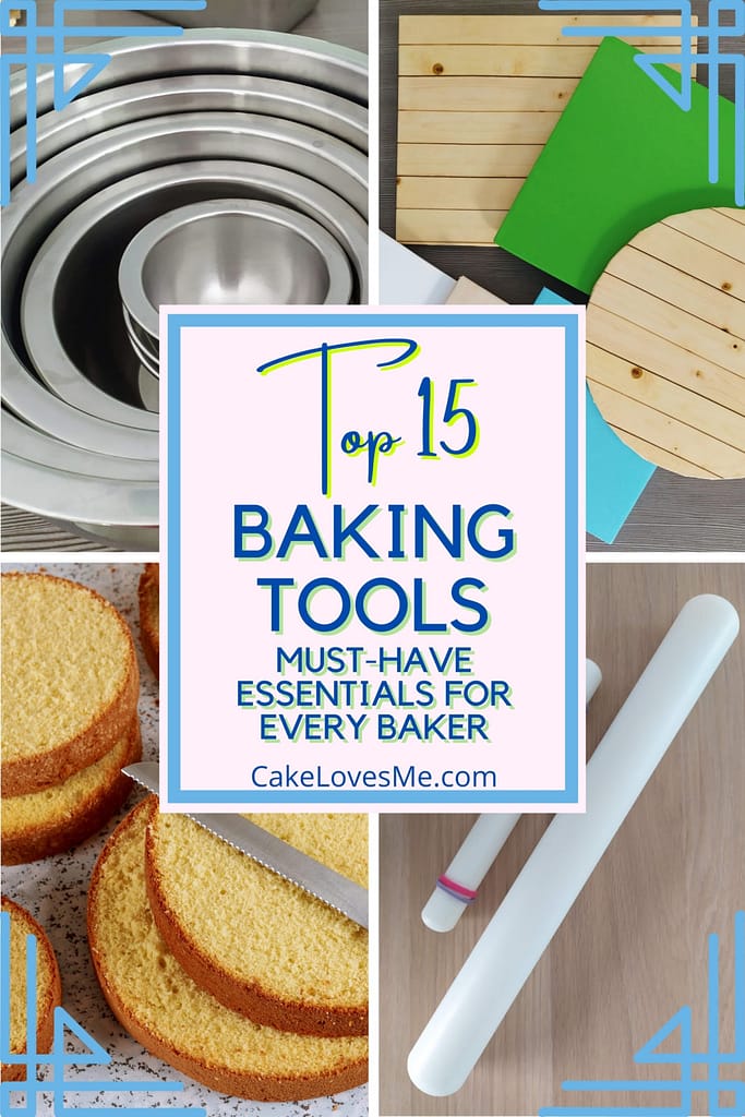 essential baking tools mixing bowls, cake boards rolling pin serrated knife