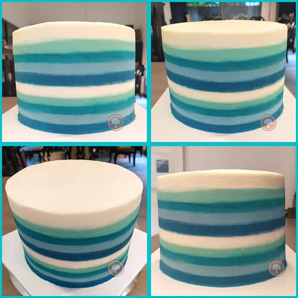 blues teals white buttercream striped cake icing smoother sharp edges 