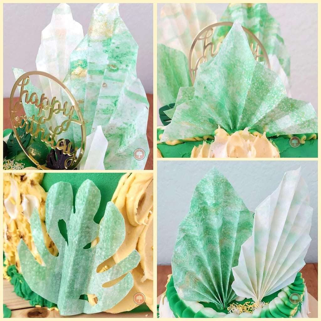 pineapple cake design with wafer paper fans and leaves candy melt chocolate molds edible luster dust 