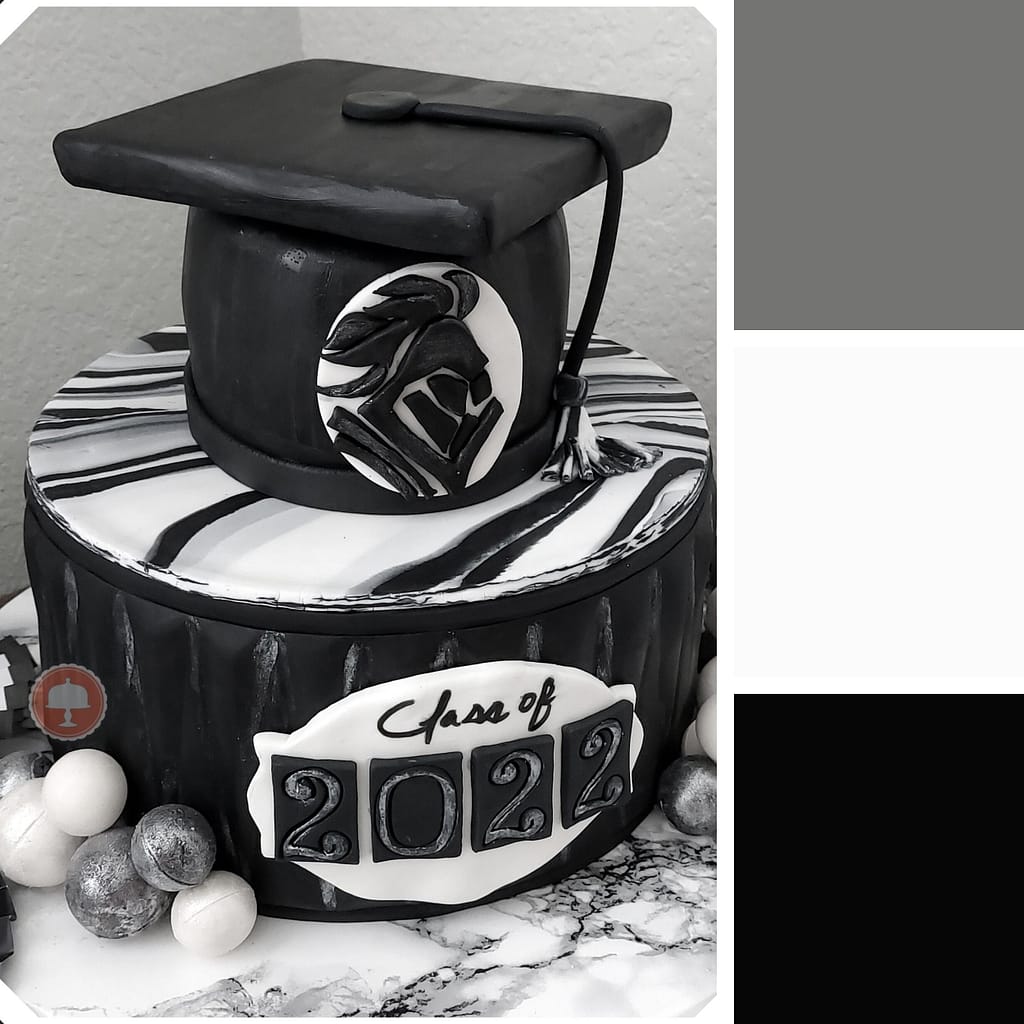 classic 2022 graduation cake design black white silver color palette fully covered fondant cake