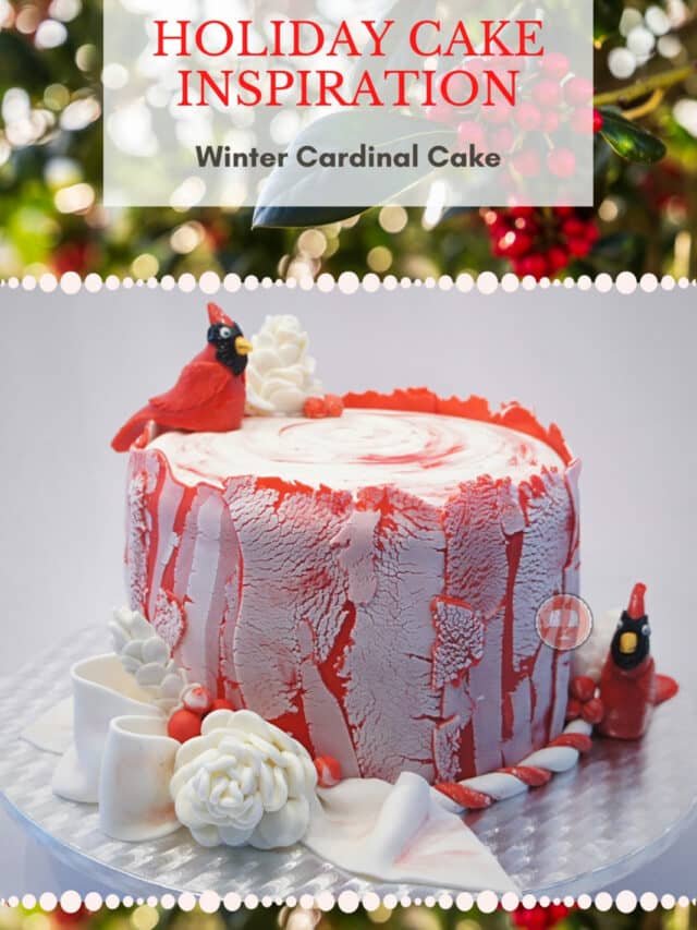 Cardinal Cake with a winter landscape and fondant flowers