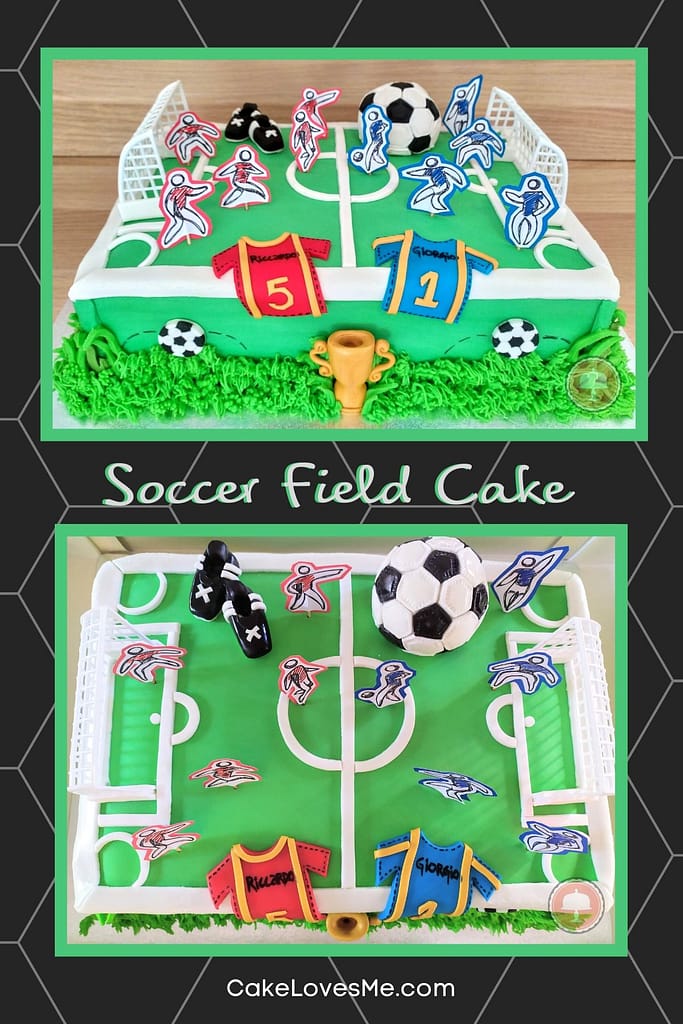 Soccer Field Cake in green with green grass, soccer ball, golden sport trophy and football players