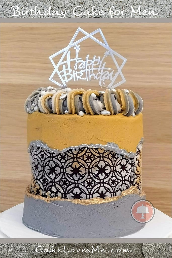 trendy birthday cake for men fault line cake with Happy Birthday on top in gold black and gray