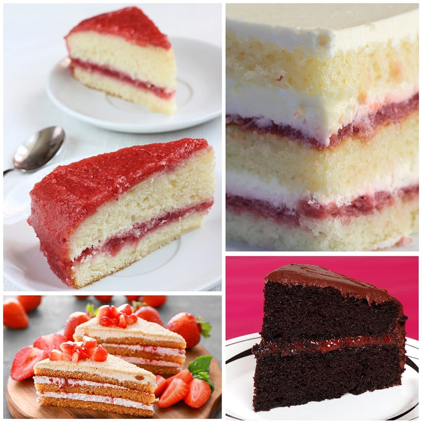 strawberry cake filling shown in in different cakes vanilla chocolate
