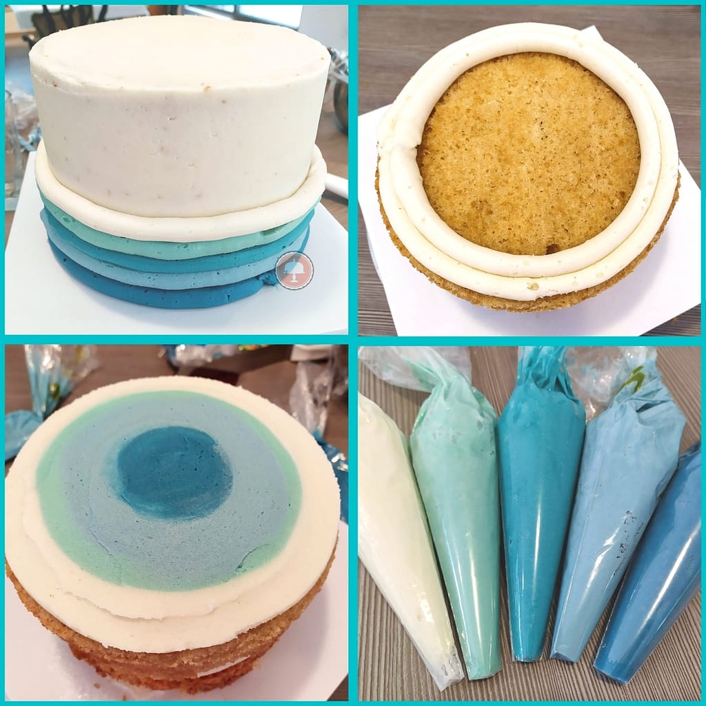 blues teals white buttercream striped cake icing smoother sharp edges 
