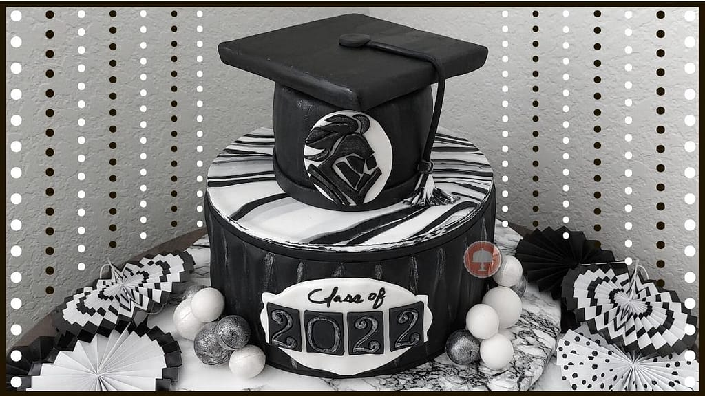 classic 2022 graduation cake design black white silver color palette fully covered fondant cake