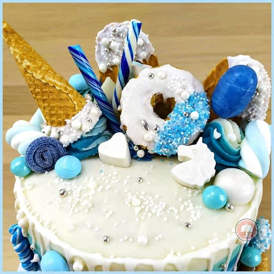 Sweet Candy Striped Drip Cake 12 candy striped drip cake buttercream stripes white chocolate drip celebration cake birthday cake blue teal white color palette