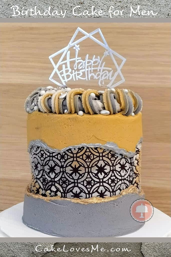 trendy birthday cake for men fault line cake with Happy Birthday on top in gold black and gray