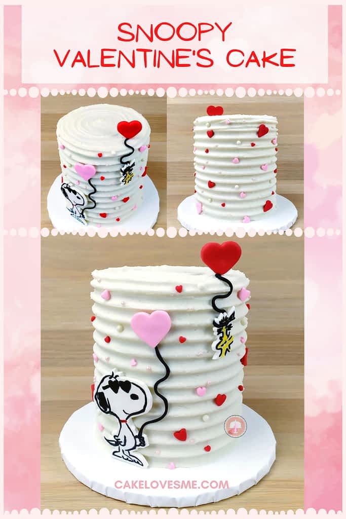 snoopy valentines cake with icing comb detail fondant hearts snoopy and Woodstock holding fondant heart balloons