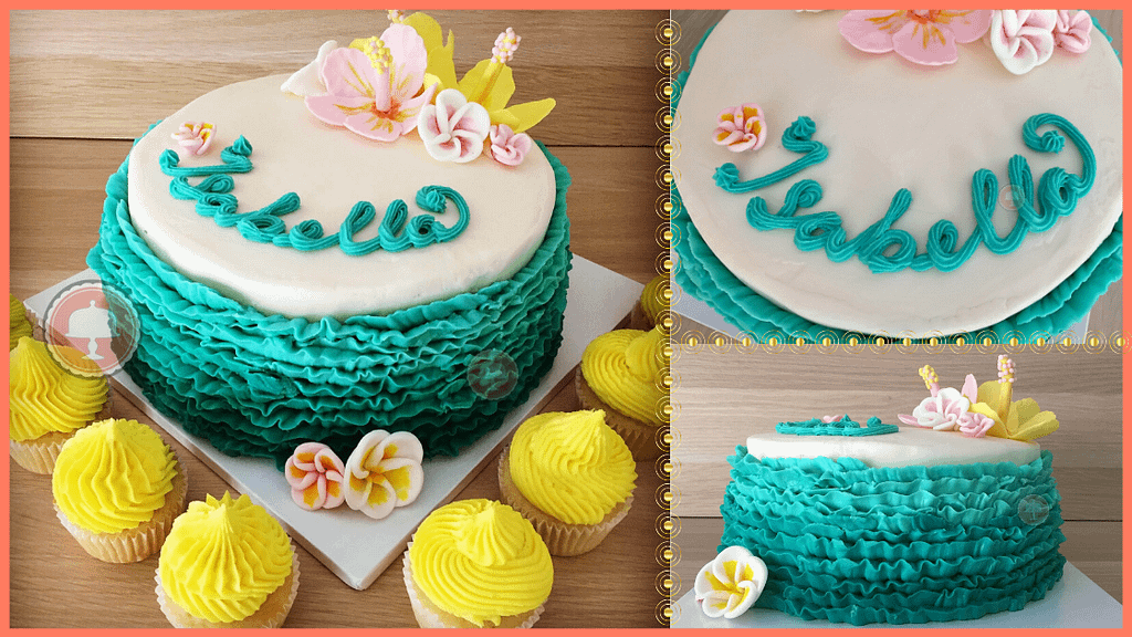 tropical cake with flowers and ruffle piping technique