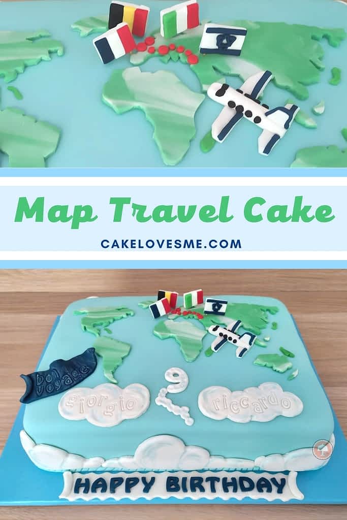 world map travel cake with 3D fondant cake toppers fully covered fondant cake