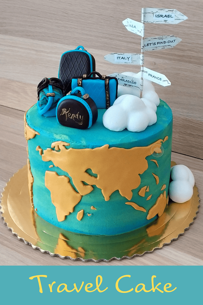 travel map cake with fondant and edible cake toppers showing world map cake