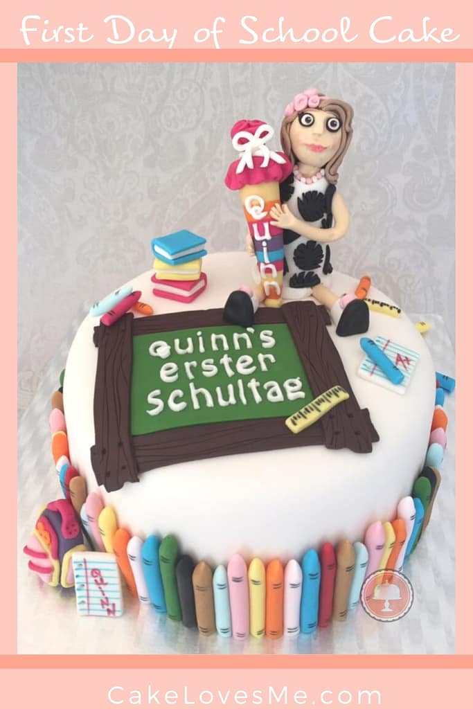 1st day of school cake Schültute Enschulungstorte fondant with crayons and cake topper fun back to school cake
