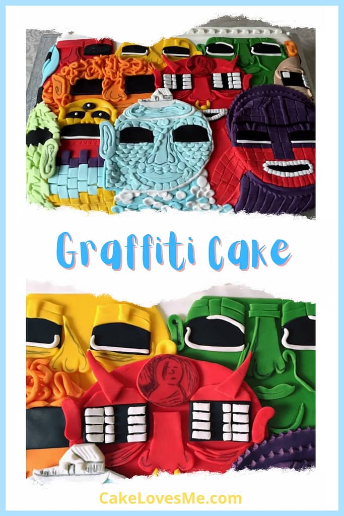 colorful graffiti cake fondant cake inspired by street art Italian street artist blu wall mural of eclectic faces 